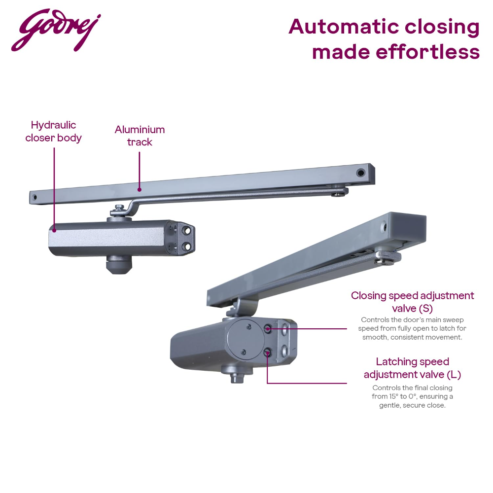 Godrej Door Closer | Cerus Universal Door Closer | Door Weight Capacity : 85kg to 120kg | Max Door Width: 950mm - 1400mm | Adjustable Power Size 3-6 | Pelmet Arm Design | Silver | 3 Yr Warranty